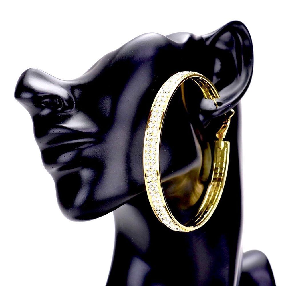 Gold Rhinestone Embellished Pave Metal Hoop Statement Earrings